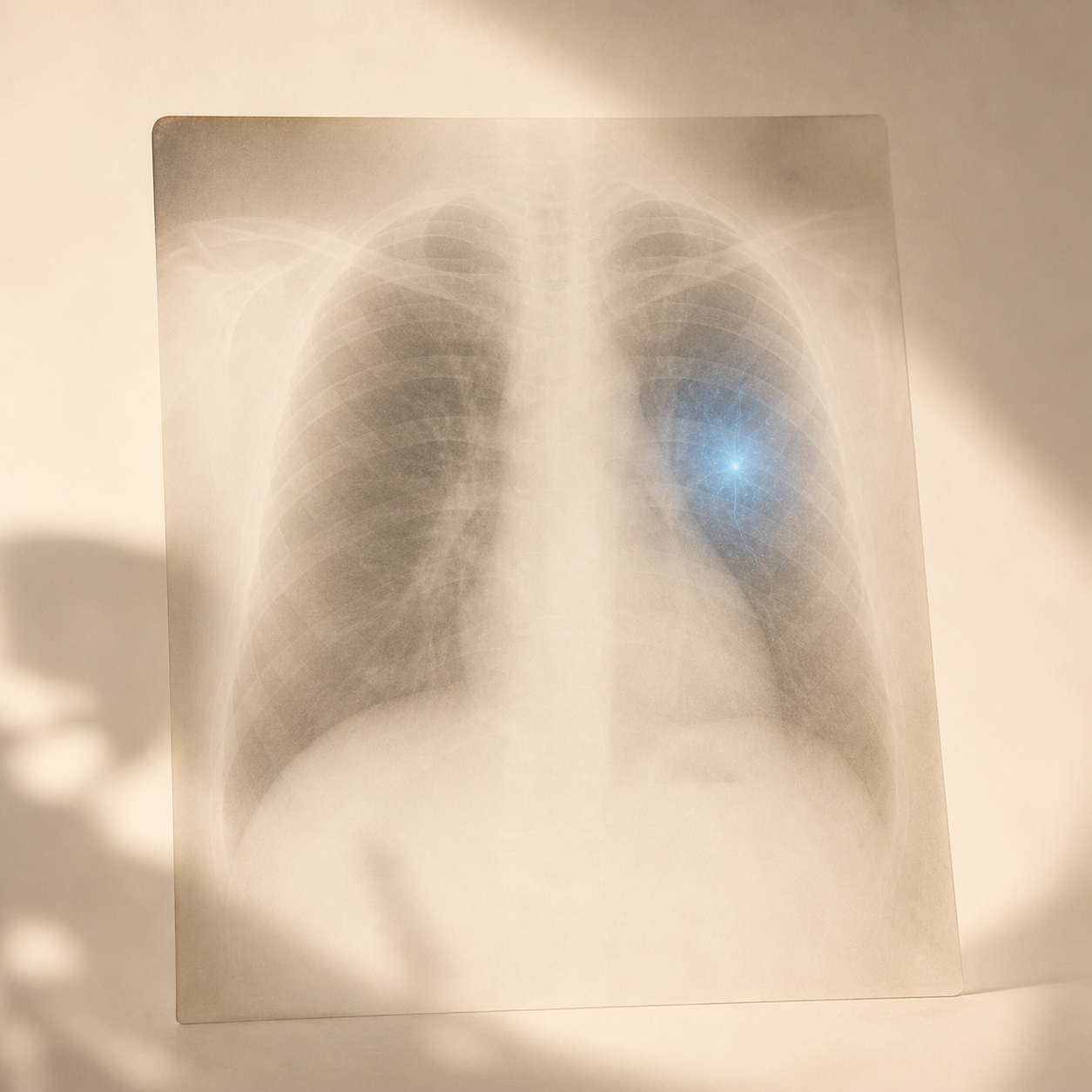 A chest X-ray on warm cream background with a soft blue algorithmic highlight