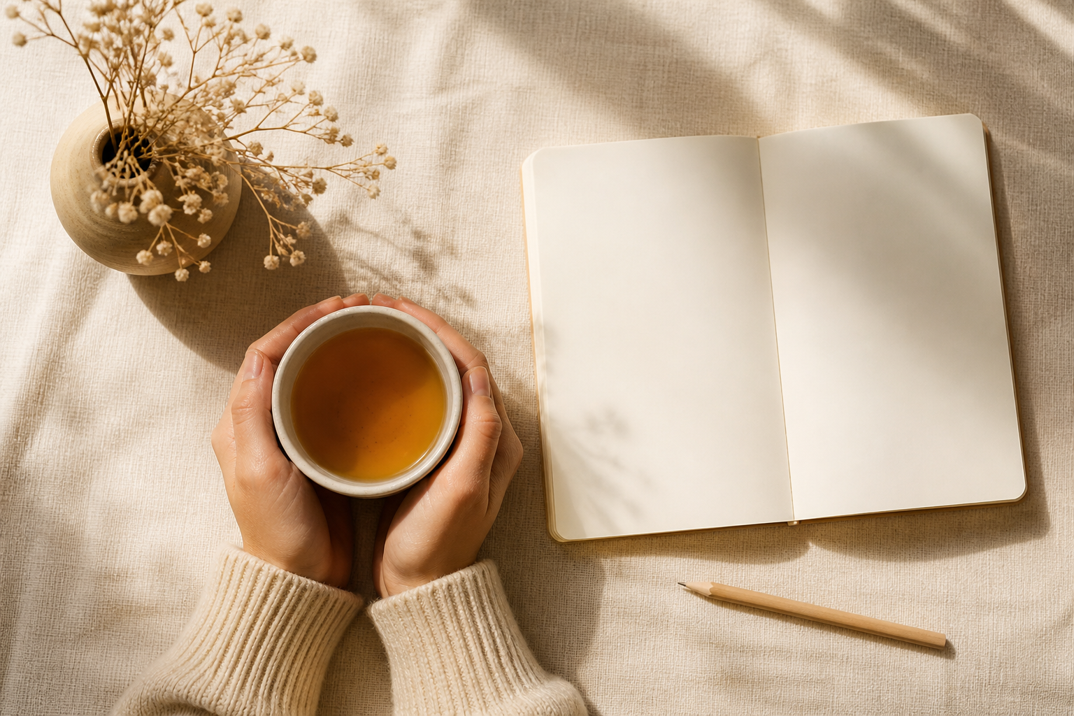 Hands holding a cup of tea beside an open notebook in morning light