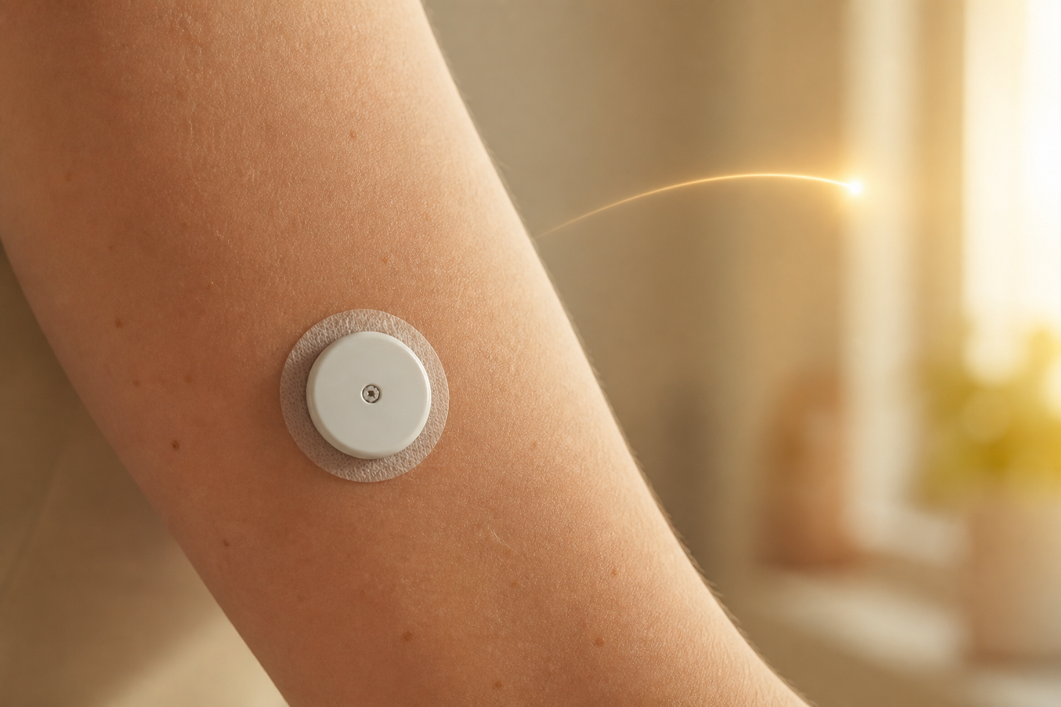 A CGM sensor on a forearm with a glowing wireless arc in warm light