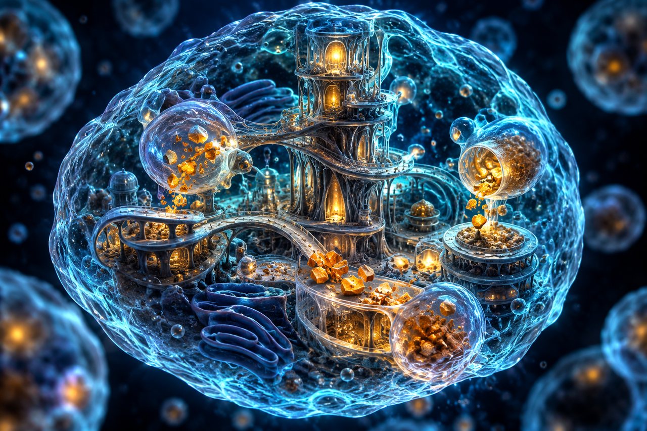 Illustration of a glowing cell, its inner compartments lit up like a tiny city at work
