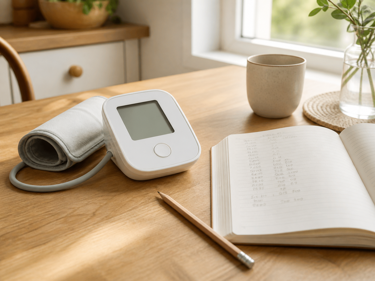 A blood pressure monitor cuff on a kitchen table beside an open notebook