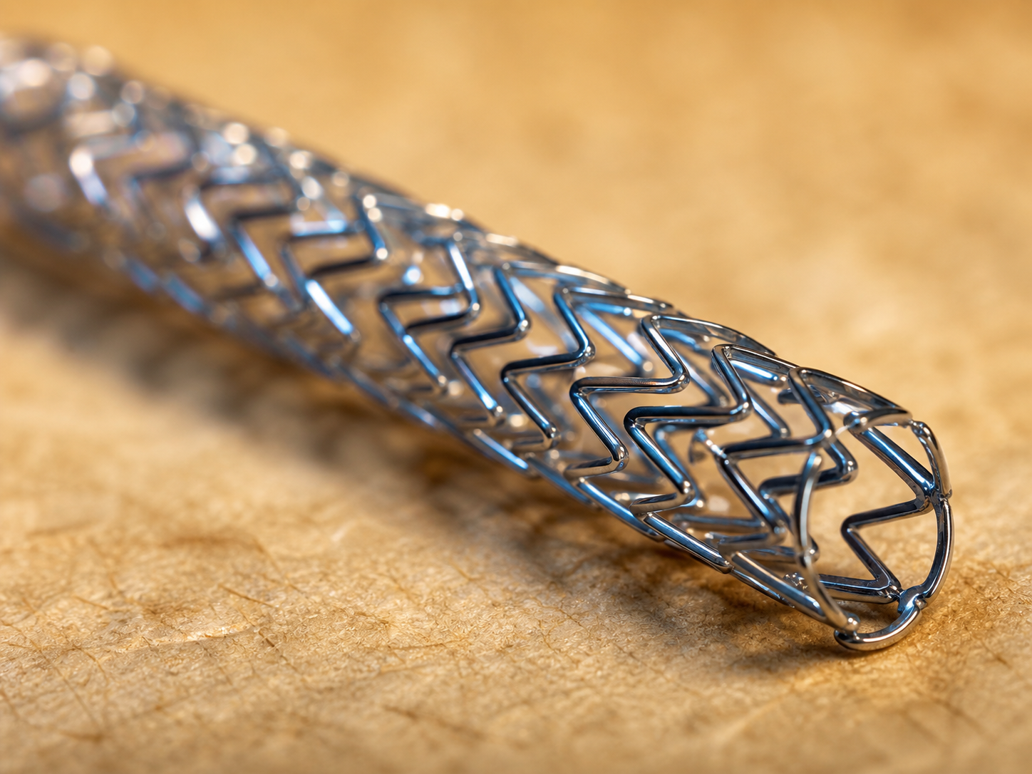 A metallic stent on aged parchment paper