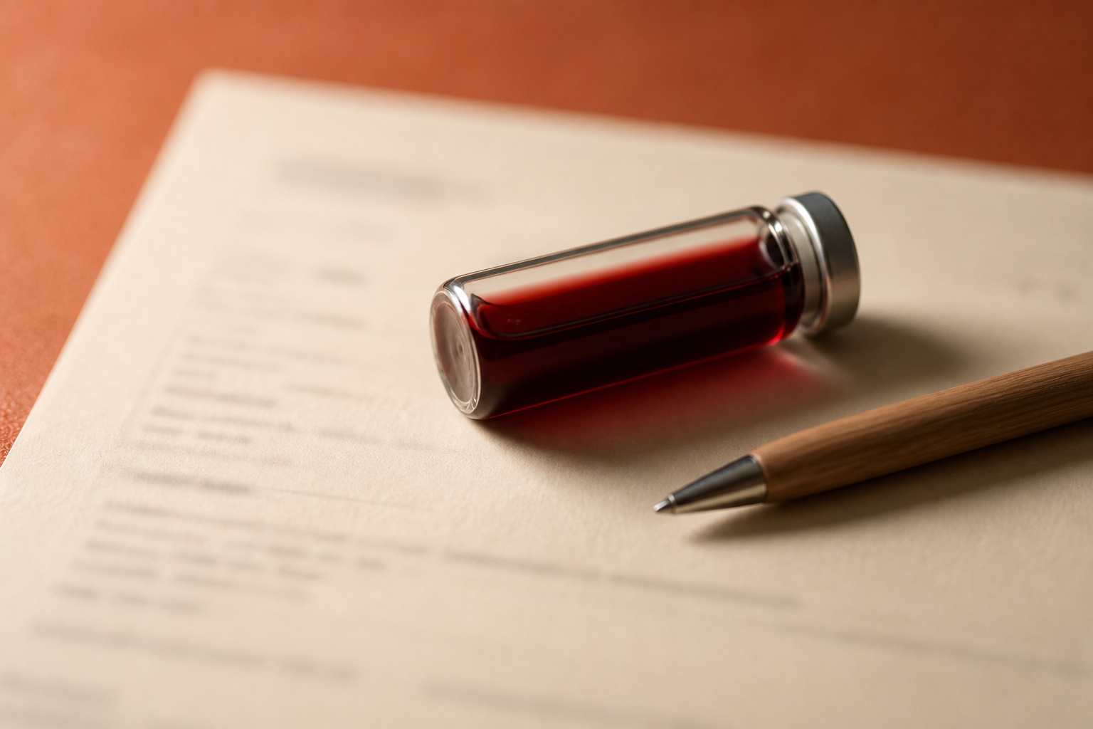 A small blood vial on a lab request form beside a wooden pen