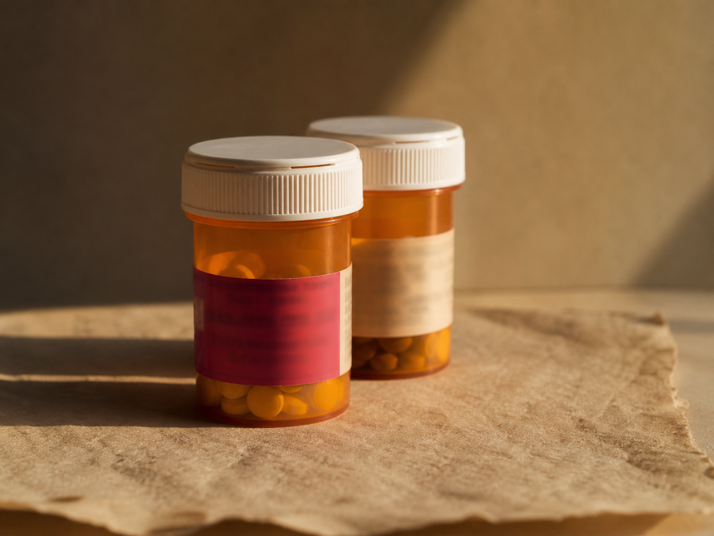 Two amber prescription bottles on aged cream paper with a red warning label