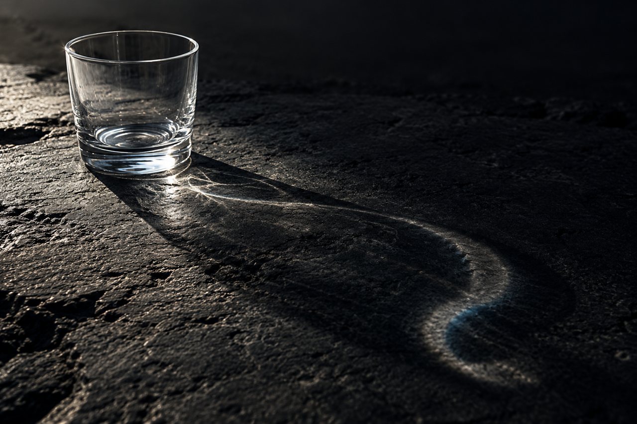 An empty drinking glass on cracked dry ground, casting a long shadow at dusk