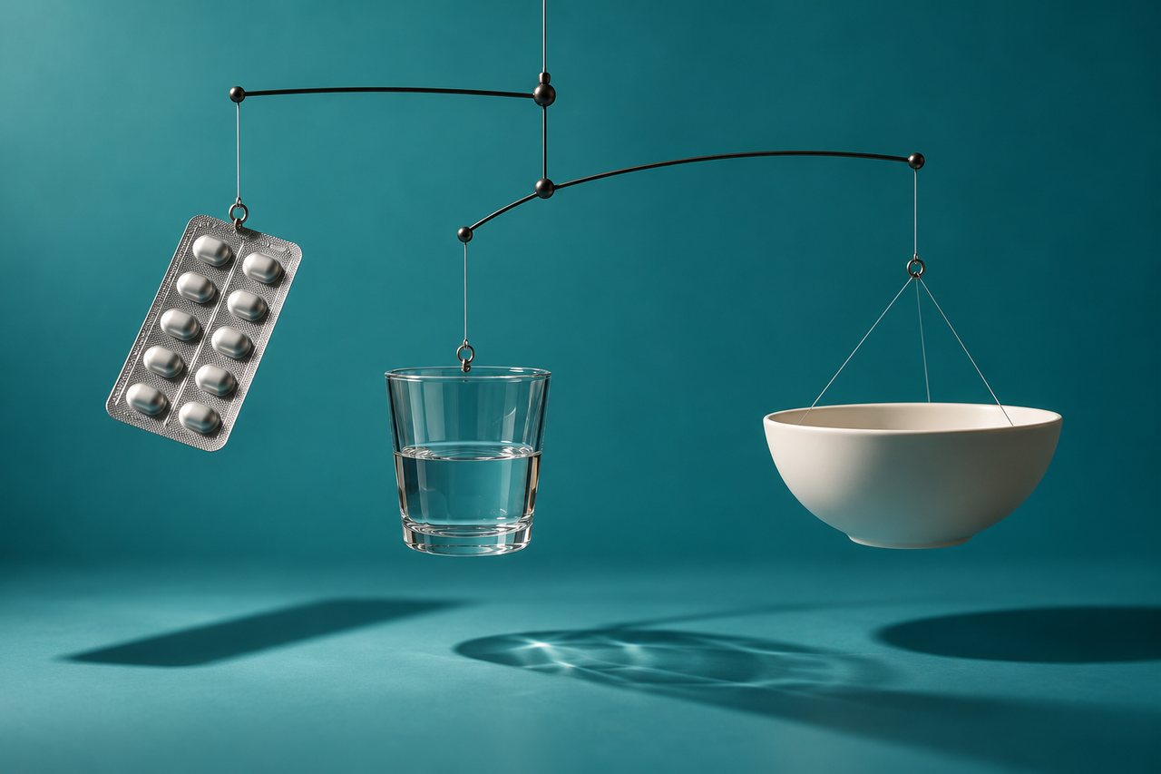A hanging mobile balancing a blister pack of tablets, a glass of water and an empty bowl