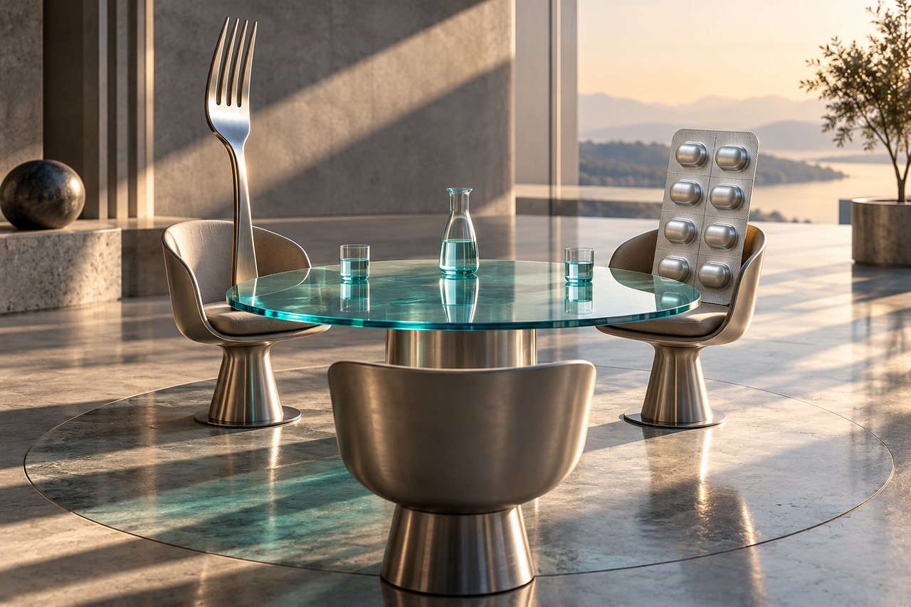 A giant fork and a blister pack of tablets sitting on chairs at a glass table, facing each other
