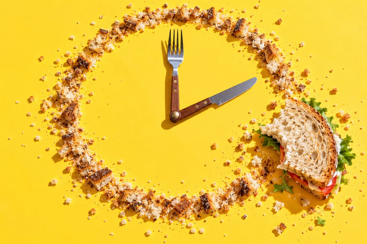 A fork and knife set like clock hands inside a circle of crumbs, with a sandwich at the edge