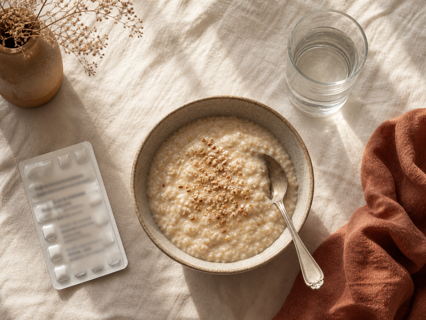 A morning kitchen scene with porridge, water and a medication blister pack
