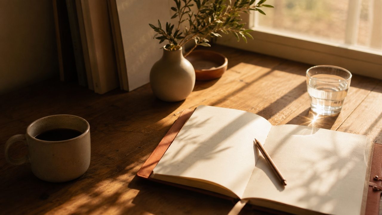 Early morning sunlight falling across a wooden desk, a cup of coffee sitting in soft shadow to one side