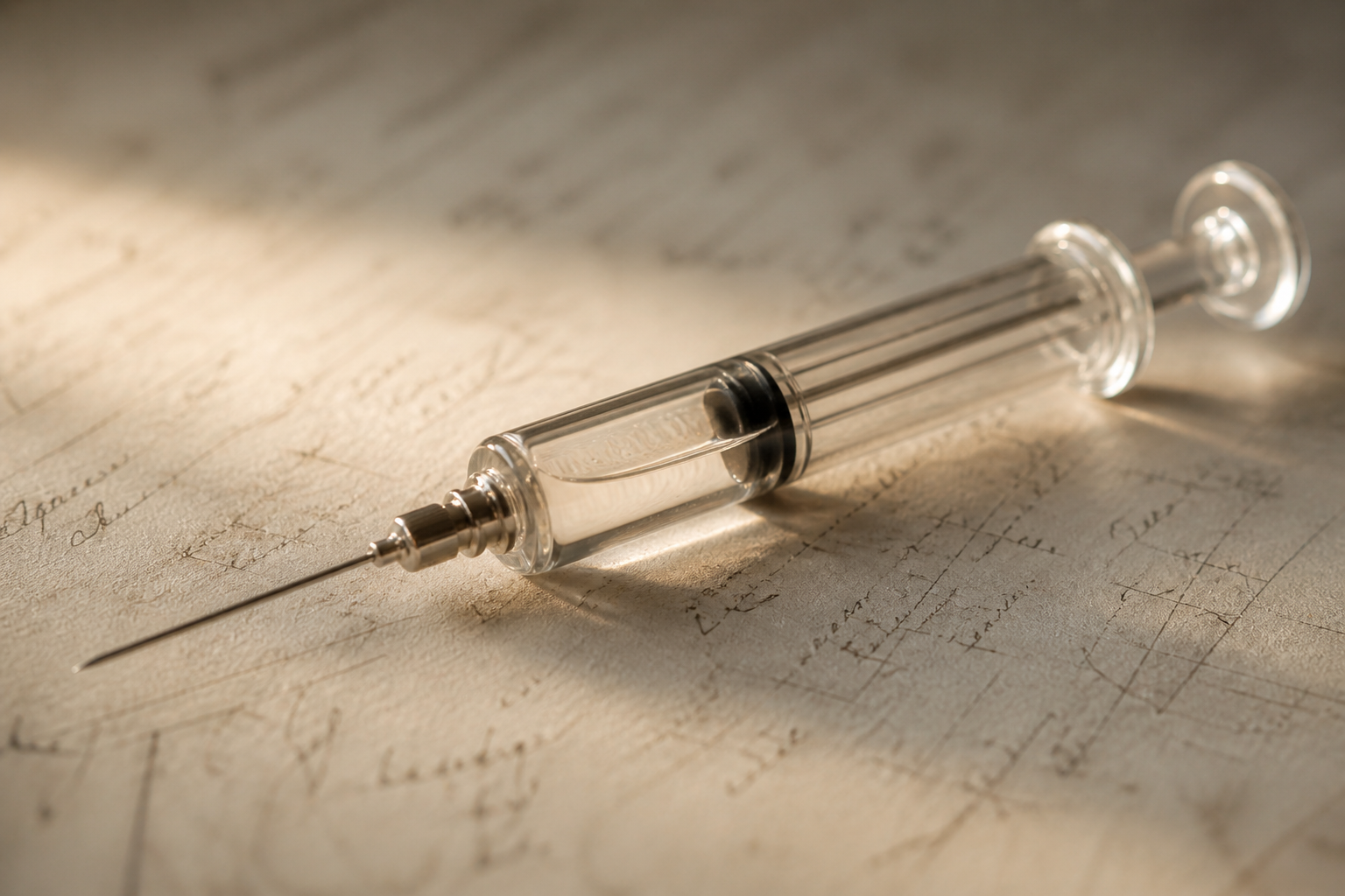 A glass syringe on handwritten scientific notes