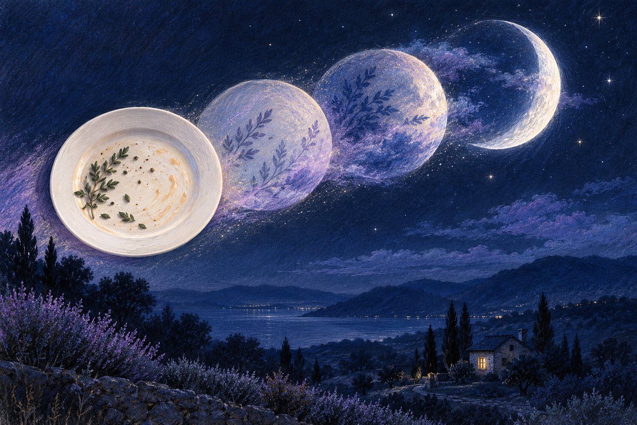 An empty plate turning into the phases of the moon over a quiet village at night