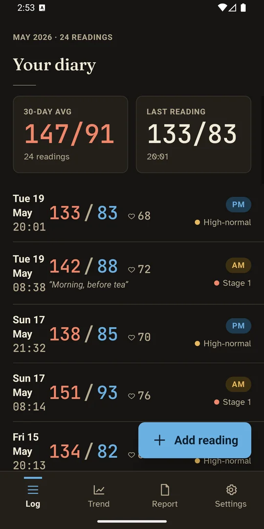 Diary screen, dark theme