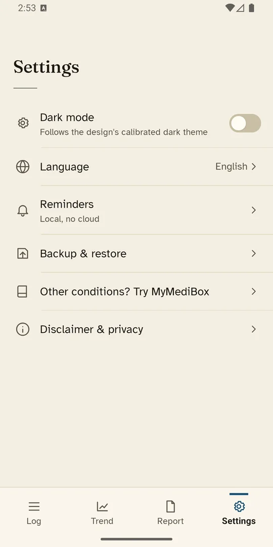 Settings screen, dark theme